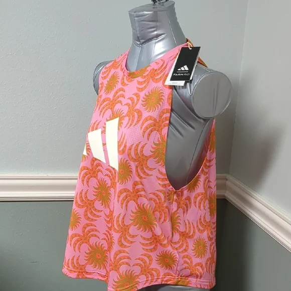 Adidas Pink and Orange Floral Tank Top Loose Fit Style. Size S Fits Size M Too. - Picture 3 of 6